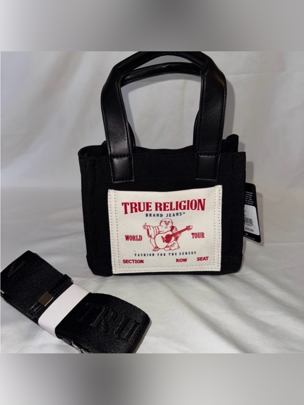 True Religion Black Canvas Mini Tote with White & Red Logo Patch